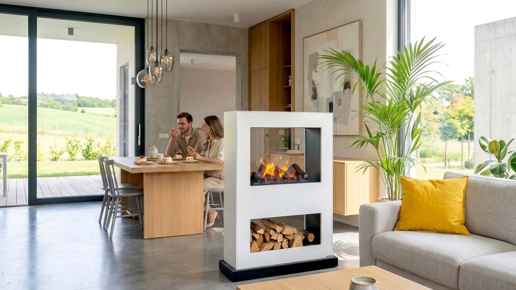Električni kamin Lasize Električni kamin Lasize kod predelna stena v dnevni sobi